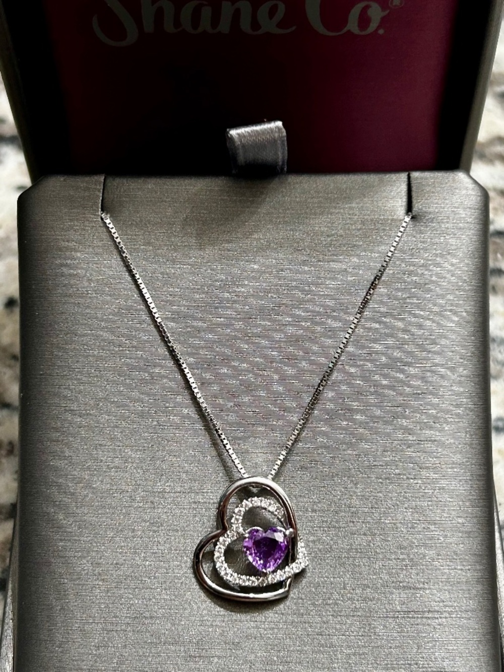 Shane Co. 14K White Gold Lavender Sapphire & Diamond Triple Heart Pendant Suite
